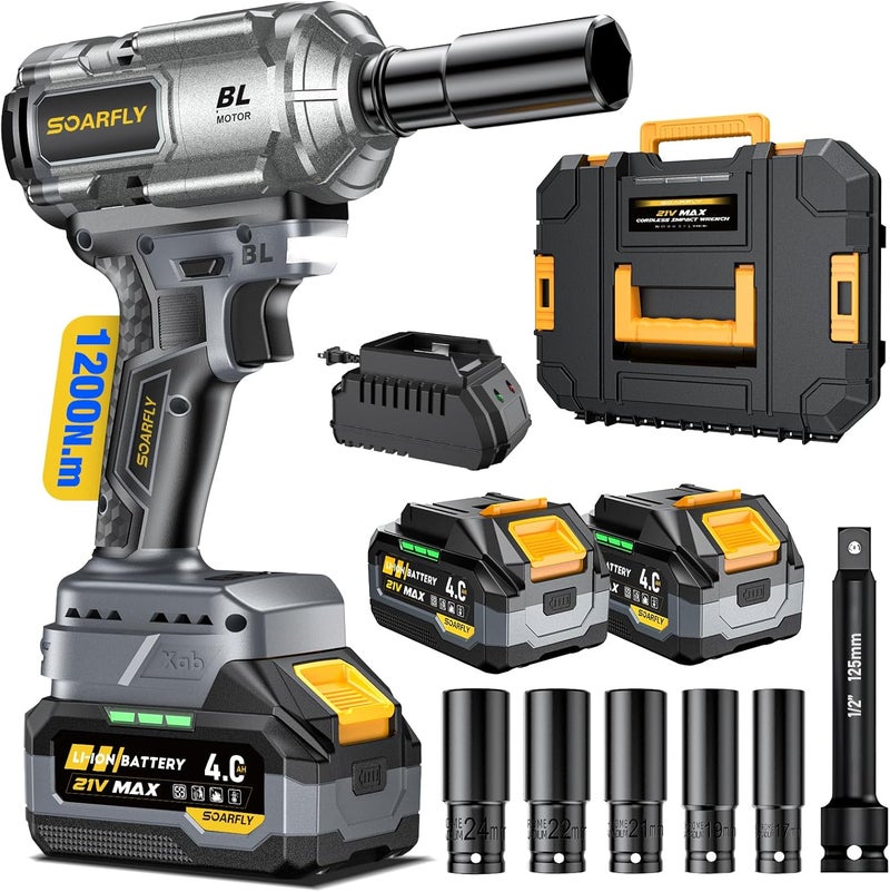 SOARFLY Upgraded Cordless Impact Wrench 1/2", 900 Ft-lbs (1200 Nm) Brushless Impact Gun, 21V High Torque Impact Driver with 2x 4.0Ah Batteries, Variable Speed for Car, Truck, Workshop, Heavy-Duty Jobs - Image 1